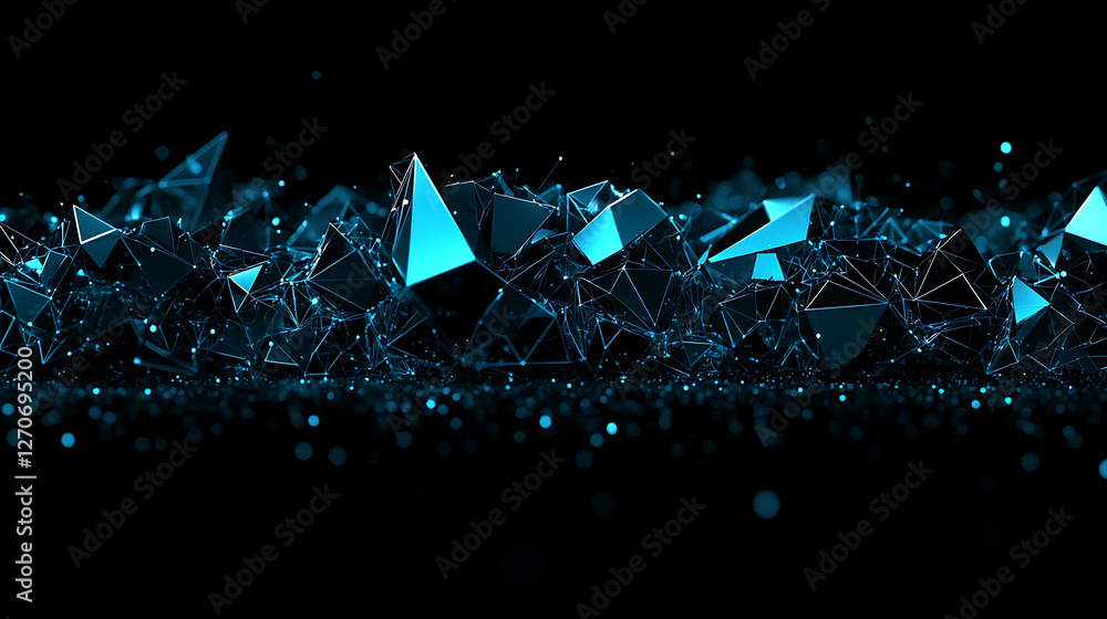 Poster geometric shapes network array interconnection artistic background with cyan highlights and dark sur