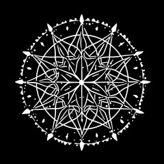 Obraz premium Geometric Snowflake Pattern Starburst Design in White Against a Black Background Illustration