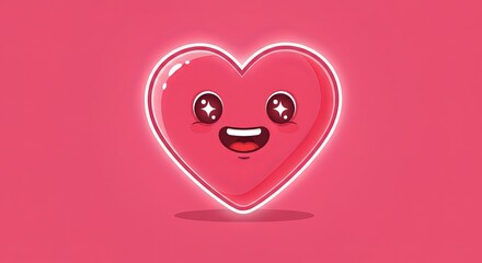 Glowing heart emoji with cute smiling face on vibrant pink background