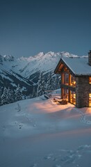 Fototapeta premium Cozy mountain cabin with glowing windows amidst snow-covered alpine landscape at dusk