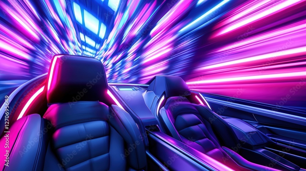 Poster a futuristic view of a car interior with vibrant neon lights, creating a dynamic sense of speed and 