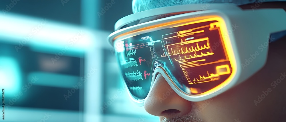 Poster nurses using augmented reality glasses to access real time patient data in a futuristic healthcare