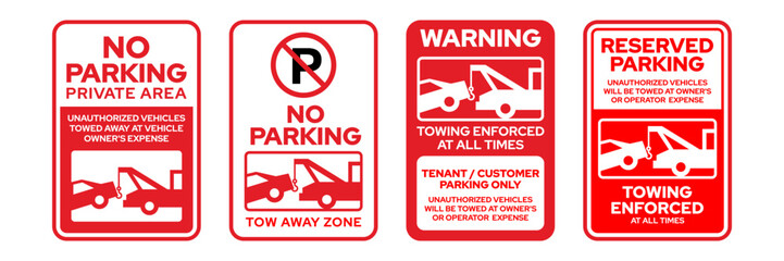 Towing sign set. Truck towing car service signage, signboard, sign, icon, logo. No parking, tow away zone, private parking, towing enforced. Vector Illustration.