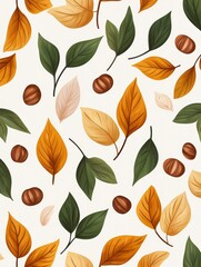 Hand-painted autumn foliage with scattered chestnuts, warm orange and deep green leaves, seamless repeating pattern, cozy seasonal theme