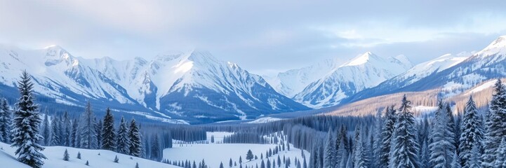 Obraz premium Snow-covered trees populate a serene winter landscape beneath towering mountain peaks, snowy, majestic, wilderness