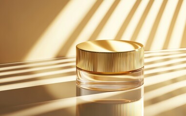 High-end skincare cream in a minimalist glass container, smooth golden texture, warm sunlight reflecting on a glossy surface, luxury beauty product