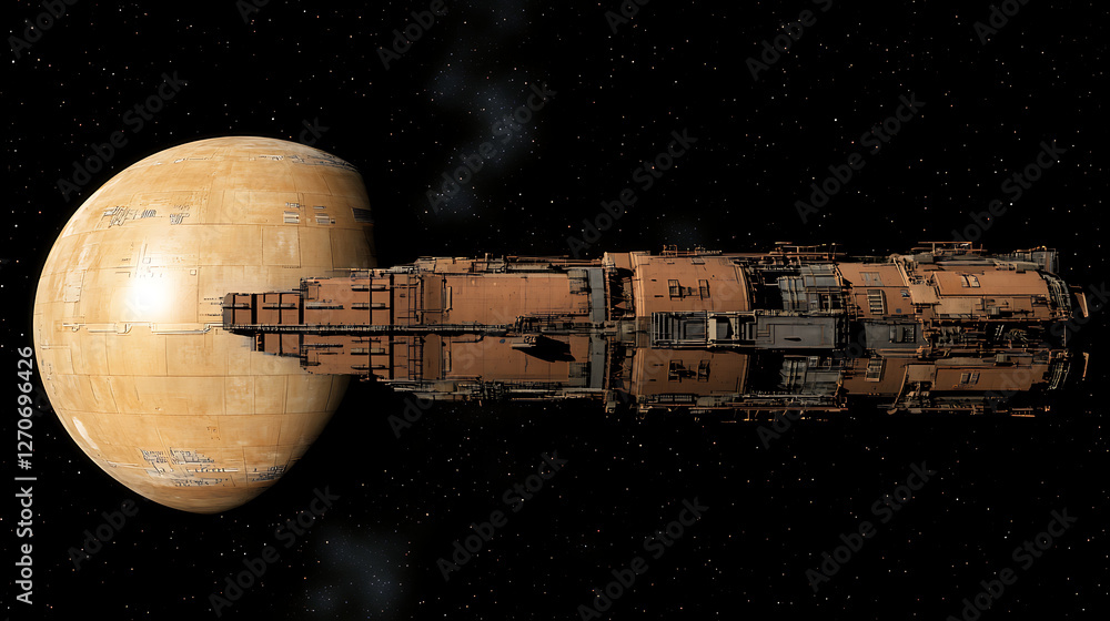 Poster gigantic spaceship docking at a huge satellite in the vast expanse of outer space exploration