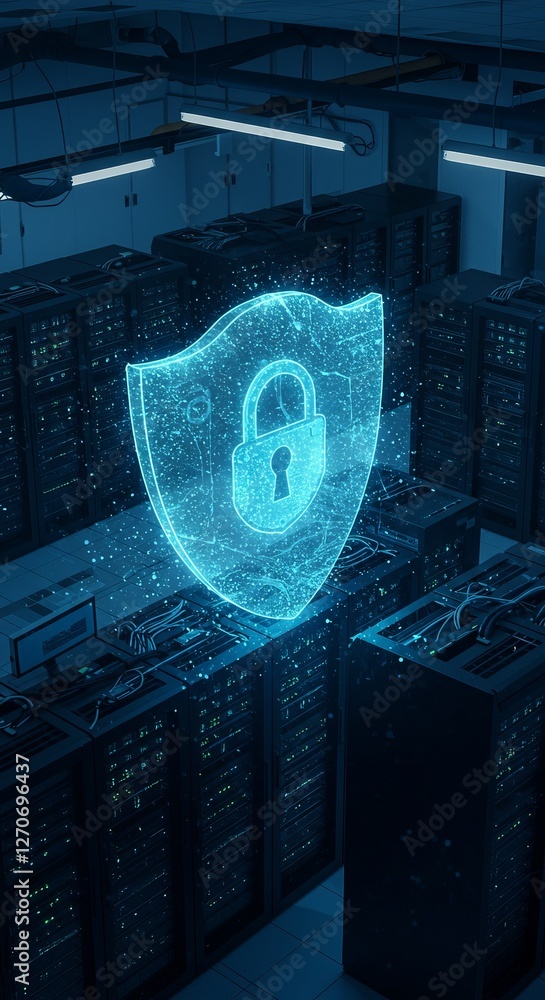 Poster cybersecurity shield guarding secure server room in data center with digital protection