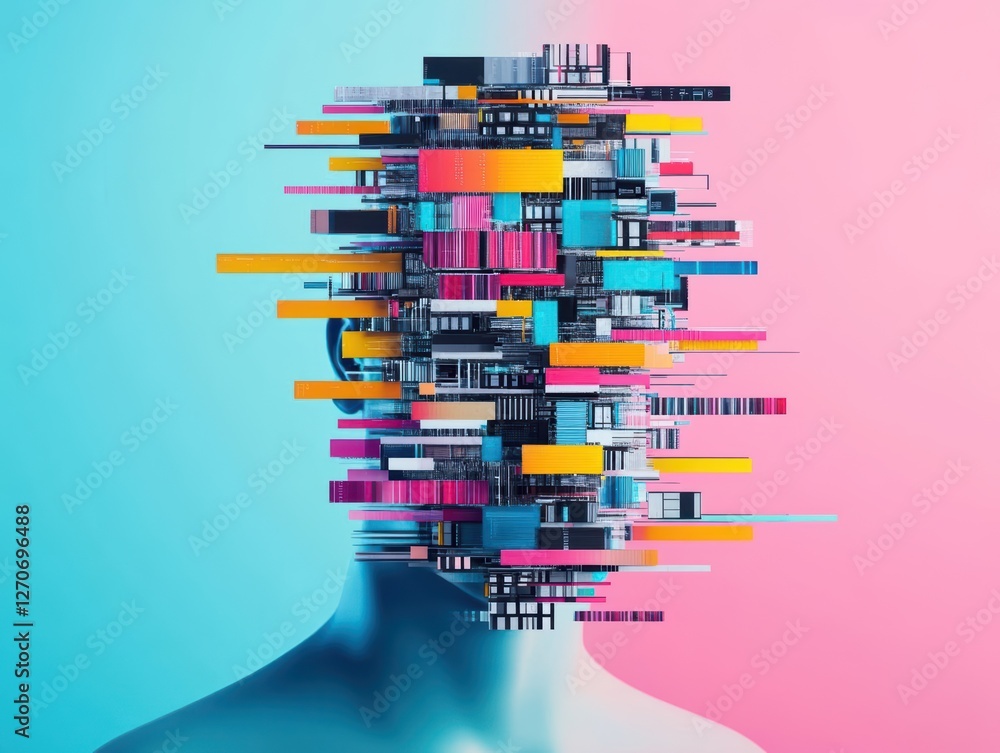 Poster a vibrant portrait of a woman whose head is adorned with colorful abstract lines creating a unique a