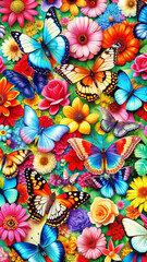 Naklejka premium A stunning display of colorful butterflies and blooming flowers, creating a lively and cheerful nature-inspired mobile wallpaper.