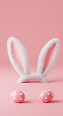 Pink easter celebration with bunny ears and polka dot eggs on pastel background