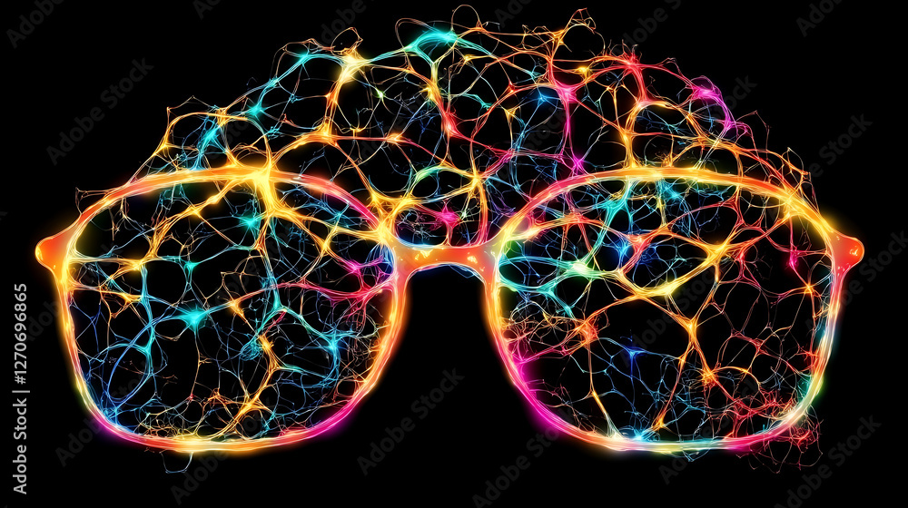 Poster glasses with nerve cell network art illustration connecting minds and enhanced brain function concep