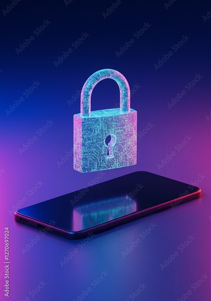 Poster digital security concept: neon lock and mobile device on futuristic gradient background