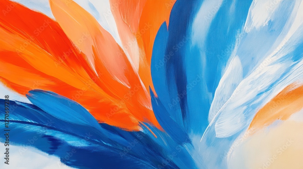 Poster abstract composition featuring close-up orange and blue feathers with a contrasting background, emph
