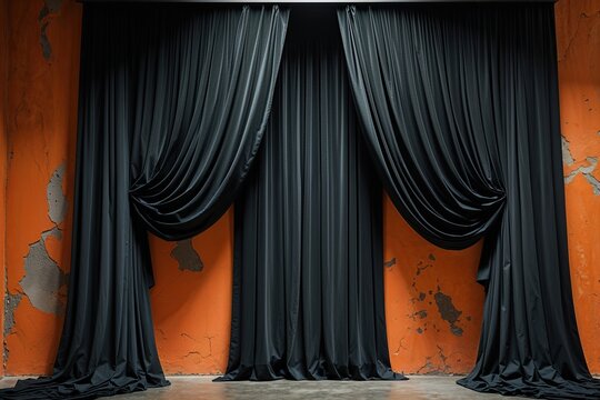Striking Black Theater Curtain Against Rough Orange Wall Showcasing Unsettling Beauty