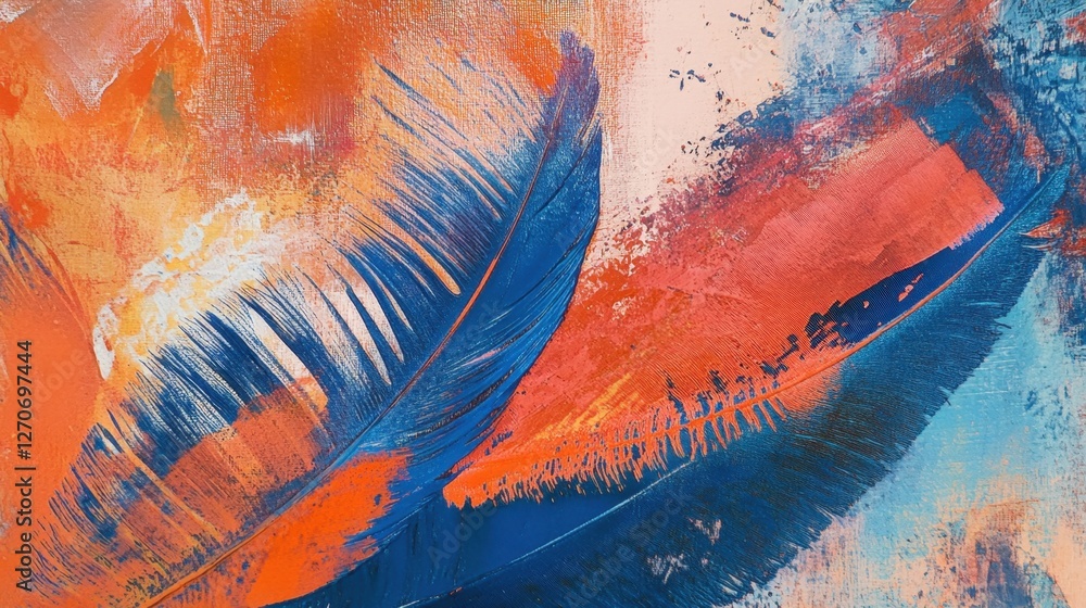 Poster abstract composition featuring close-up orange and blue feathers with a contrasting background, emph