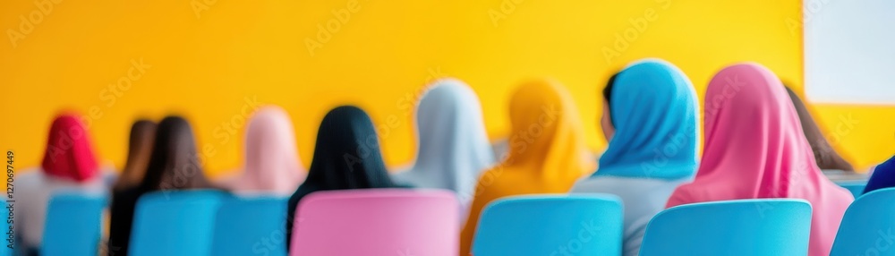 Poster vibrant row of colorful chairs in a modern outdoor setting creating a lively and inviting atmosphere