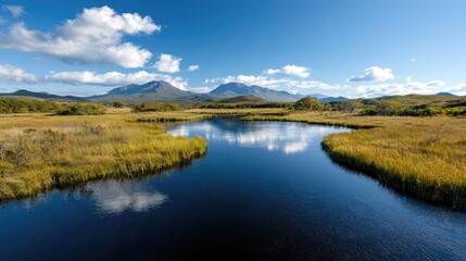 Serene River Reflecting Mountains, Autumn Meadow, Scenic Landscape