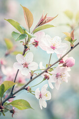 Obraz premium A delicate watercolor mobile wallpaper featuring soft pink cherry blossoms and green leaves.