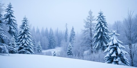 Naklejka premium Snow covered forest with frosted trees creating a serene winter wonderland, complete with a Christmas atmosphere, landscape, white, tranquil