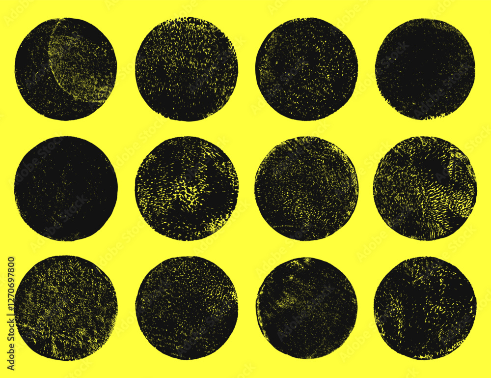 Aufkleber grungy textured hand printed circle shapes collection. linocut vector relief block printing round ro