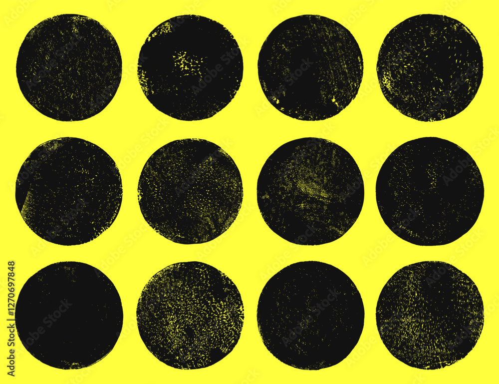 Aufkleber grungy textured hand printed circle shapes collection. linocut vector relief block printing round ro