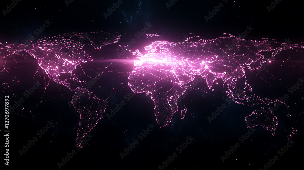 Poster global connectivity network illuminating continents pink futuristic data visualization map artwork