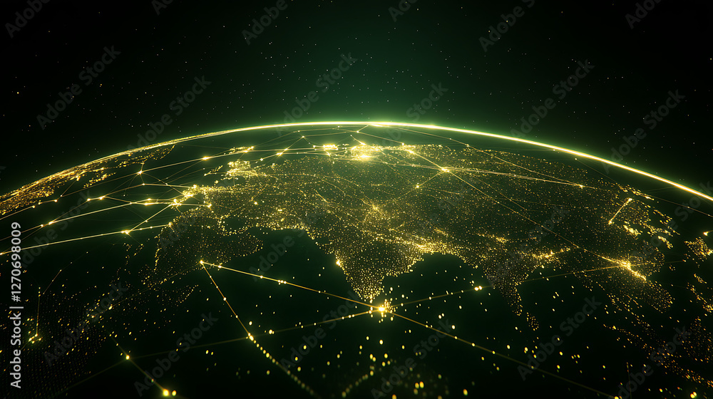 Poster global digital network connection visualization across europe and asia connecting cities with data l