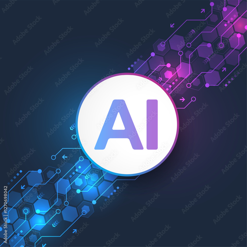 Poster AI Banner Concept In The Digital Style. Generative Ideas Design Element For Internet Technology. Futuristic Technology Concept Artificial Intelligence