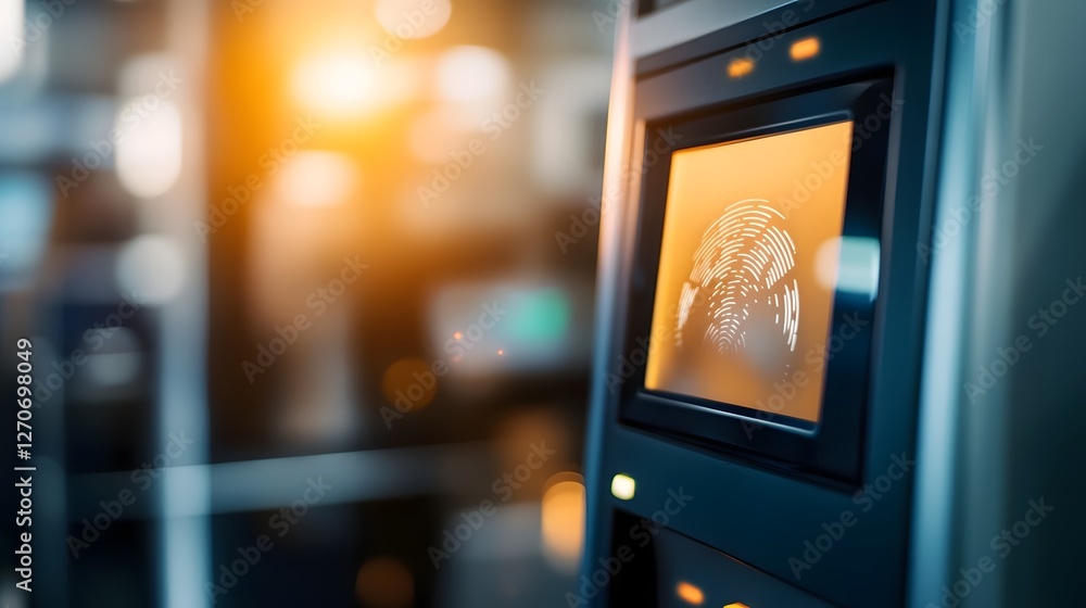 Poster biometric powered atm with fingerprint and facial recognition for secure transactions