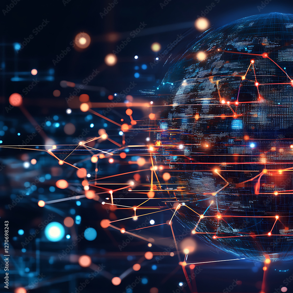 Poster global network connection digital world interconnected systems and data exchange visualization