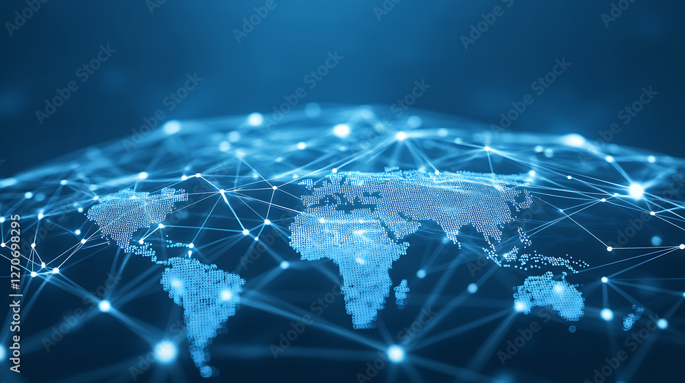 Poster global network connection visualization presenting worldwide connectivity and communication