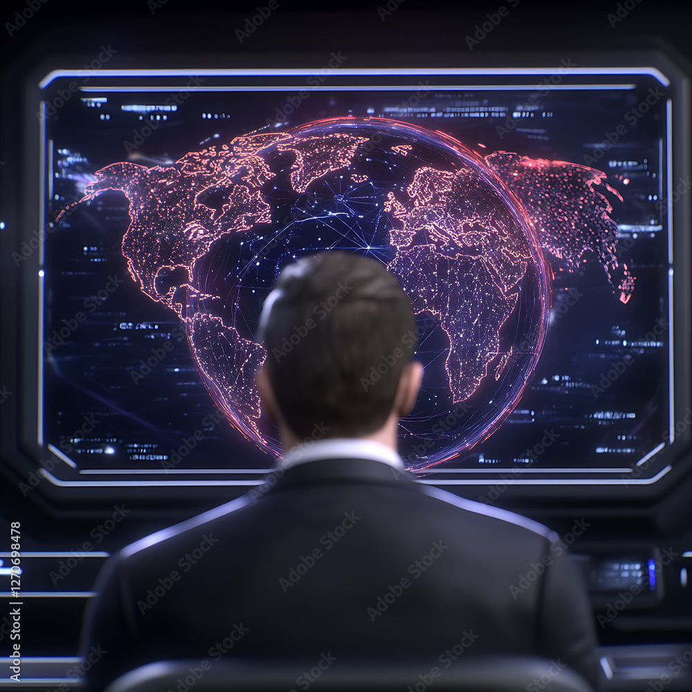 Poster global network security monitoring center command watching world connectivity with high tech system