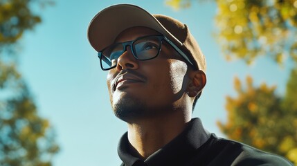 Myopia prevention with a man wearing glasses playing golf in a sunny course. Outdoor sports, healthy movement, vision benefits