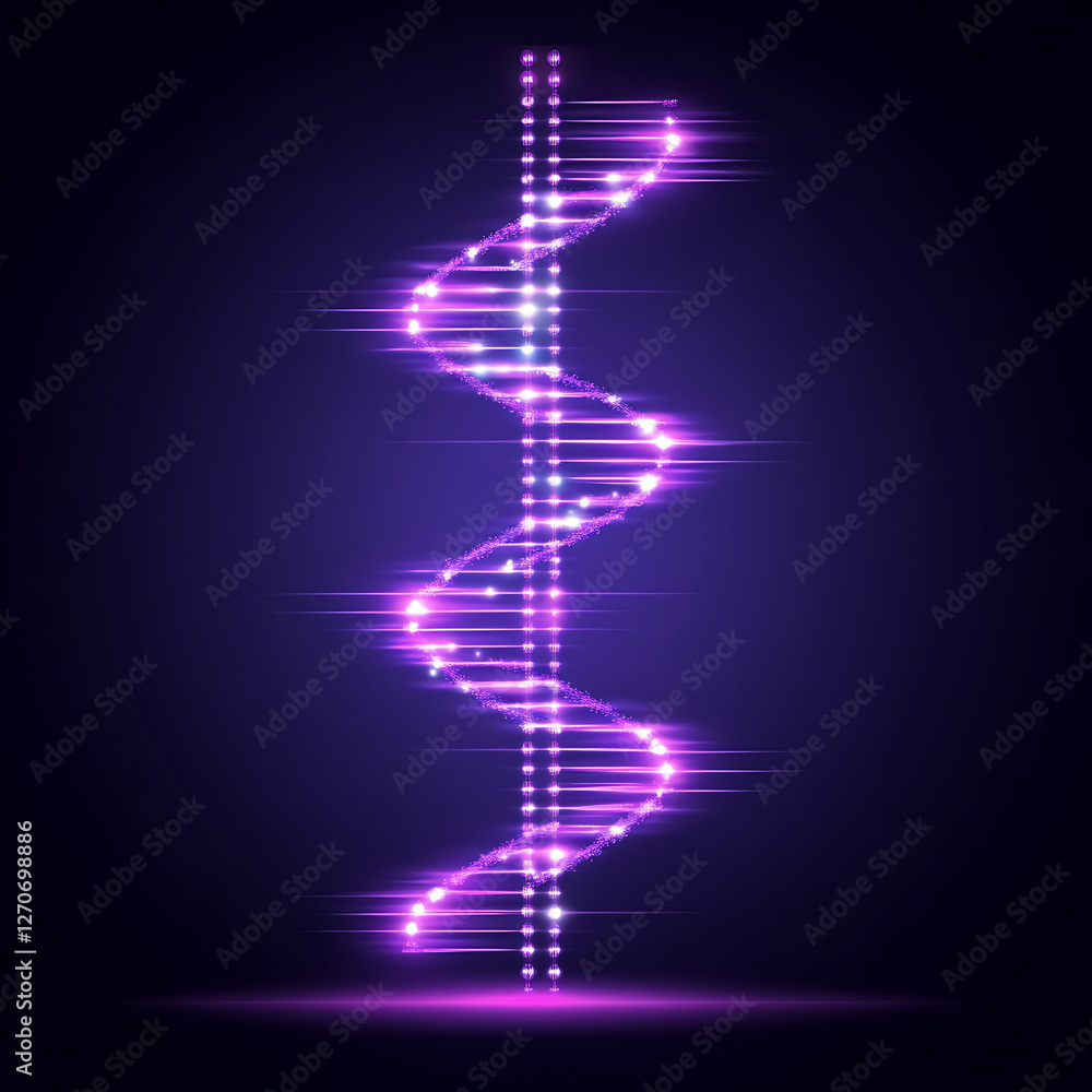 Poster glowing abstract purple dna helix structure with shiny particles and light streaks on dark backgroun
