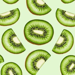 Fototapeta premium Modern digital illustration of kiwi slices, bright green flesh with radial black seeds, seamless tropical fruit pattern, fresh and exotic vibe