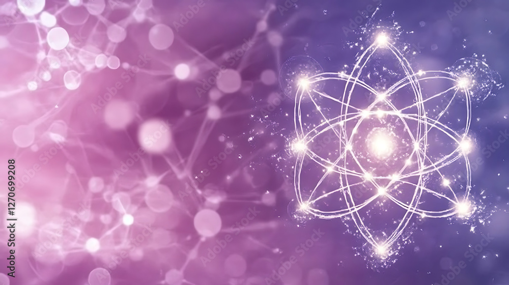 Poster glowing atom model with interconnected network in violet backdrop for scientific visualization