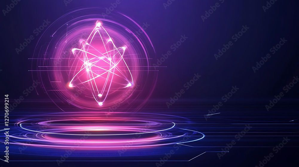 Poster glowing atomic core nucleus with futuristic circular light effect on platform science and tech style