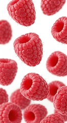 Floating fresh raspberries on white background with vibrant details