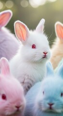 Obraz premium Adorable group of colorful bunnies in soft focus spring setting