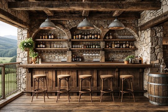 Rustic Country Bar Setting with Wooden Table for Creative Mock-ups and Design Ideas