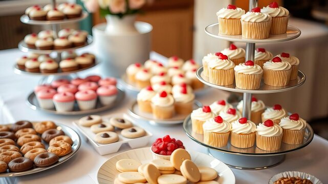 Three tier display with assortment of cupcakes, cookies, and cake on a dessert table, dessert table, cookies, cupcakes