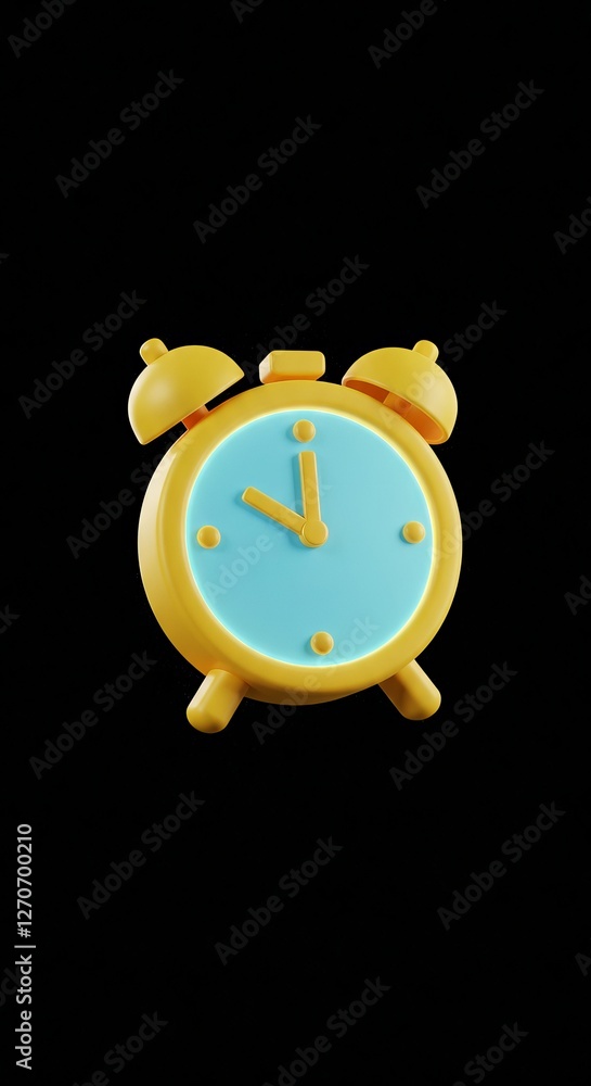 Wall mural Colorful retro alarm clock icon with yellow frame and blue face on black background