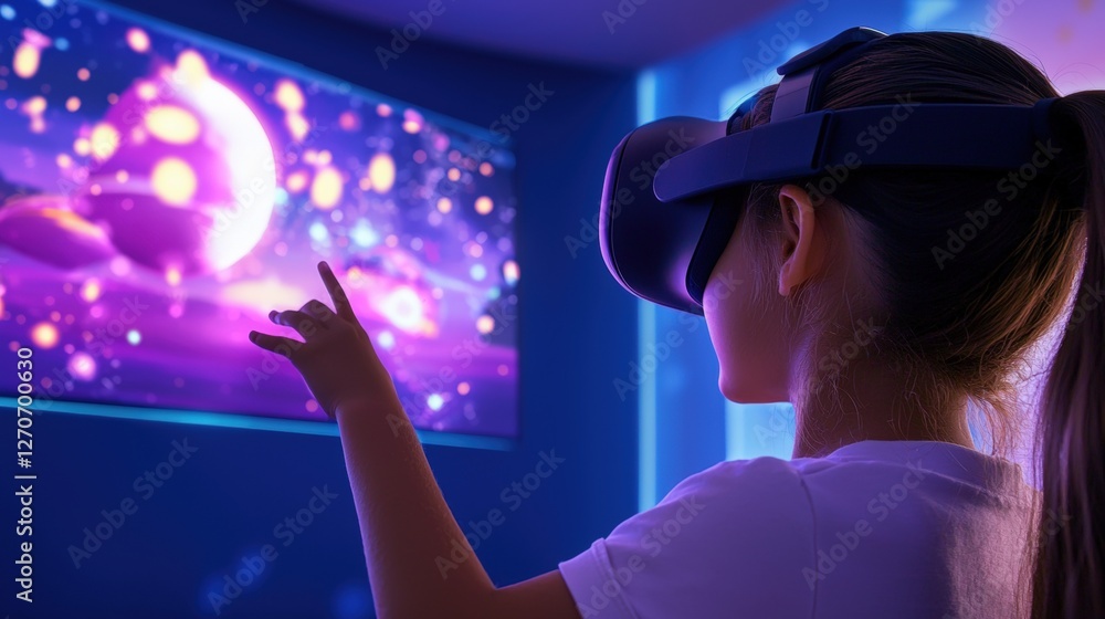 Poster a child interacts with a virtual reality headset, immersed in colorful digital space visuals project