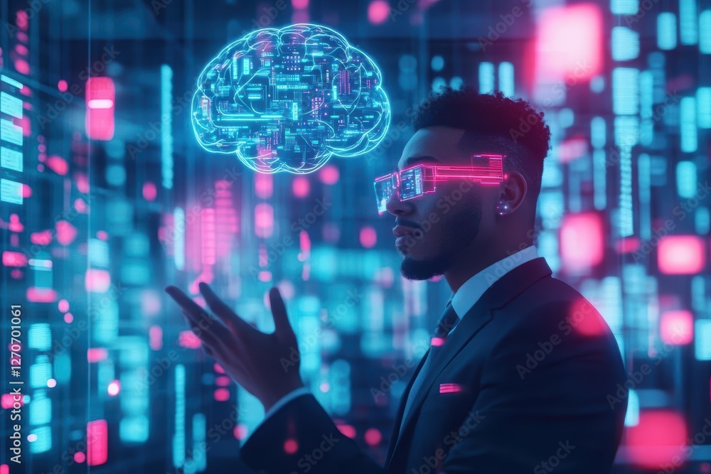 Poster professional man in formal attire analyzing brain concept with serious expression in modern office e