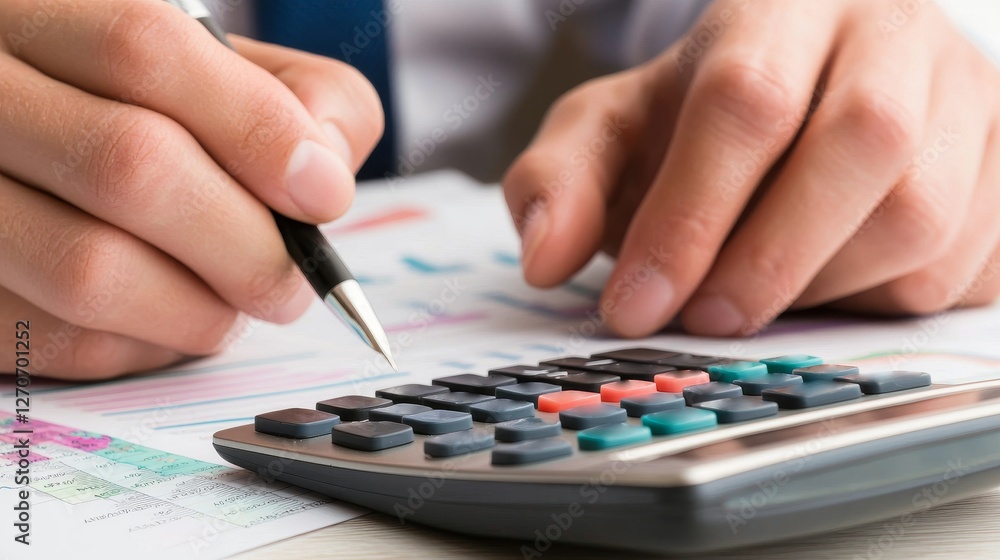 Poster hands using a calculator while reviewing financial documents.