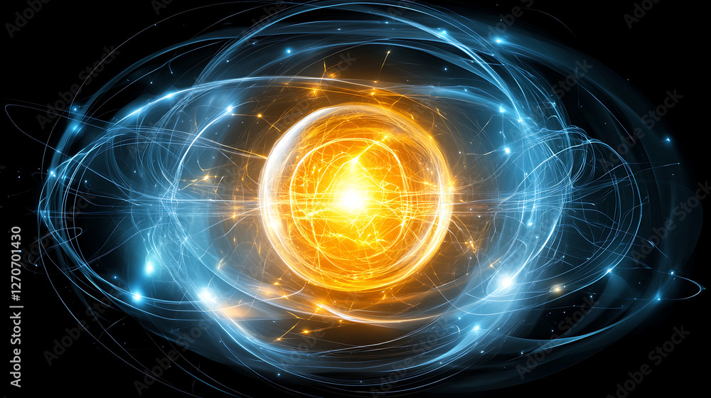 Poster glowing energy core nucleus with swirling power particle streams and lines of force concept