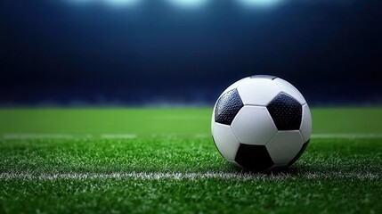 Close-Up of a Soccer Ball on a Lush Green Field Under Stadium Lights