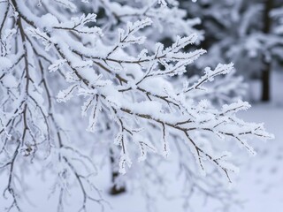 Snow-covered tree with intricate branches glistening in the winter wonderland, covered, seasonal, glistening