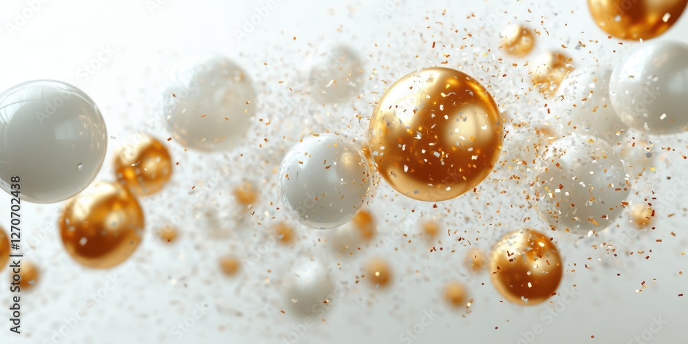 Poster abstract composition of golden and white spheres with glittering particles, creating a dynamic and m